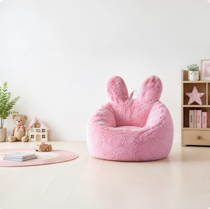 Kids Rabbit Ear Bean Bag Sofa | Plush Faux Fur Children's Foam Chair with Hand Strap